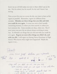 A typed page from a speech at Palo Alto High School, with handwritten notes strewn across the bottom in blue ink.