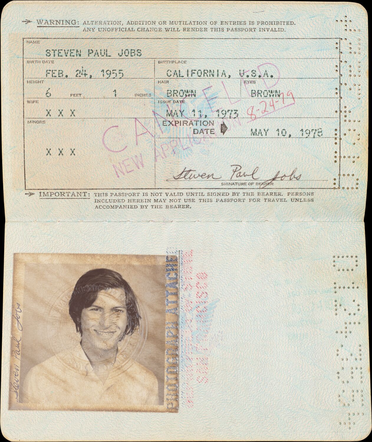 A passport for Steven Paul Jobs issued on May 11, 1973, featuring a stamped photo of him with shaggy hair.