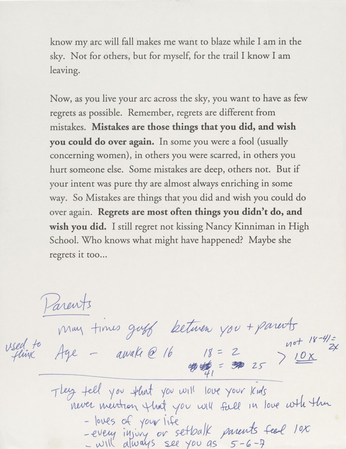 A typed page from a speech at Palo Alto High School, with handwritten notes strewn across the bottom in blue ink.