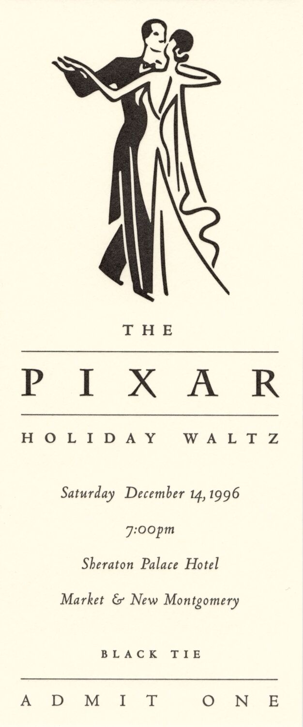A ticket to the event on December 14, 1996, illustrated with a tuxedoed man waltzing with a woman in a flowing gown.