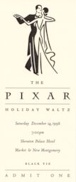 A ticket to the event on December 14, 1996, illustrated with a tuxedoed man waltzing with a woman in a flowing gown.