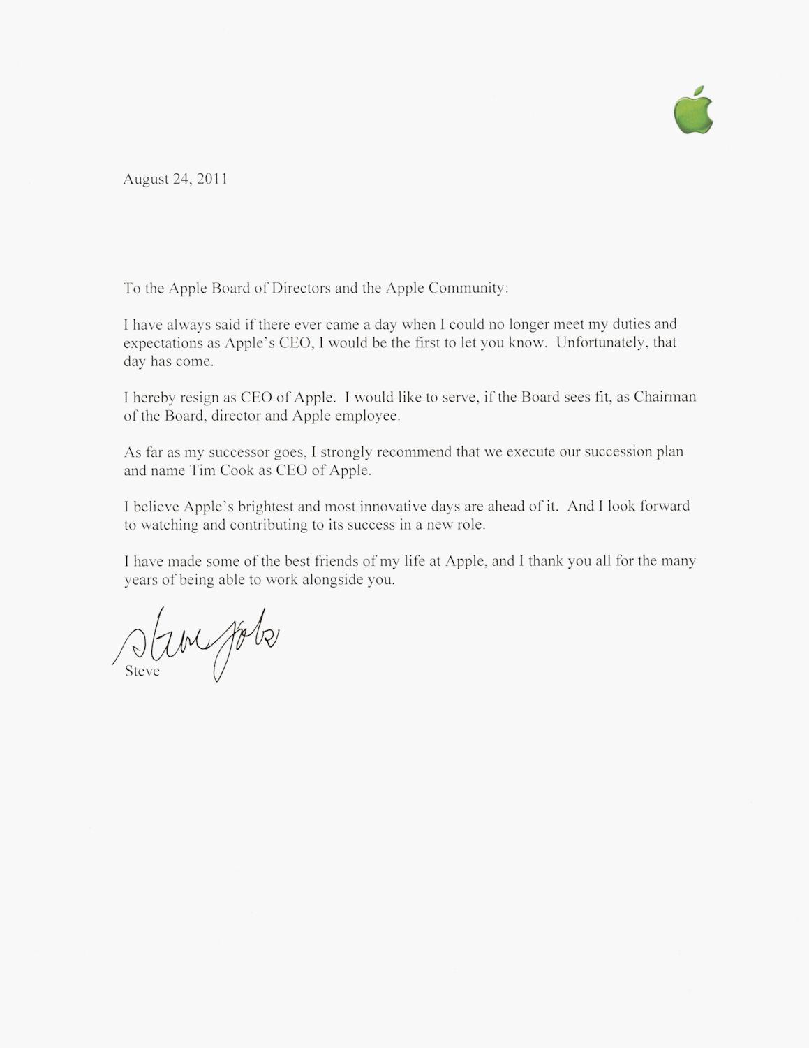 The official resignation from Steve on August 24, 2011, written on Apple letterhead.