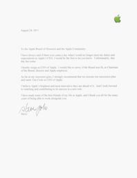 The official resignation from Steve on August 24, 2011, written on Apple letterhead.