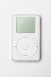 A first generation iPod belonging to Steve, with clickwheel and blank screen.