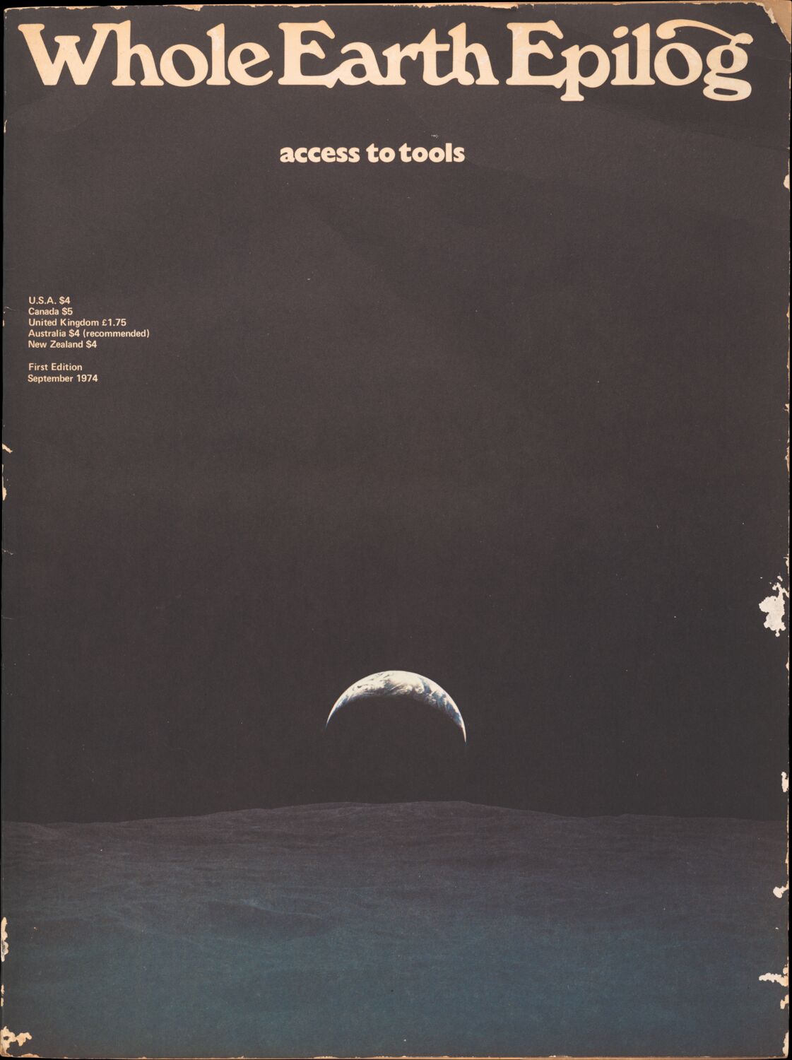 The front of the 1974 Whole Earth Epilog, featuring a picture taken from the Moon of the Earth rising above the horizon.