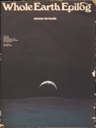 The front of the 1974 Whole Earth Epilog, featuring a picture taken from the Moon of the Earth rising above the horizon.